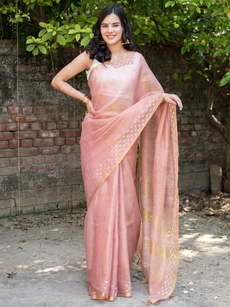 Banarasi Cotton Linen Saree With Resham Weaving & Zari Border-Peach