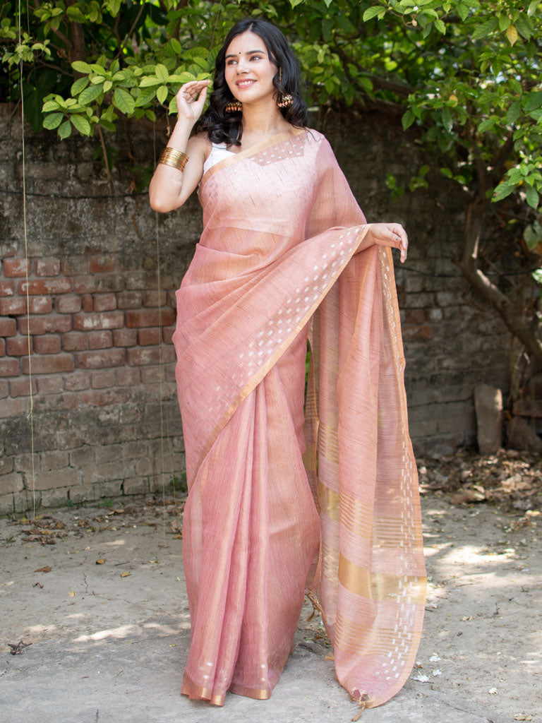 Banarasi Cotton Linen Saree With Resham Weaving & Zari Border-Peach