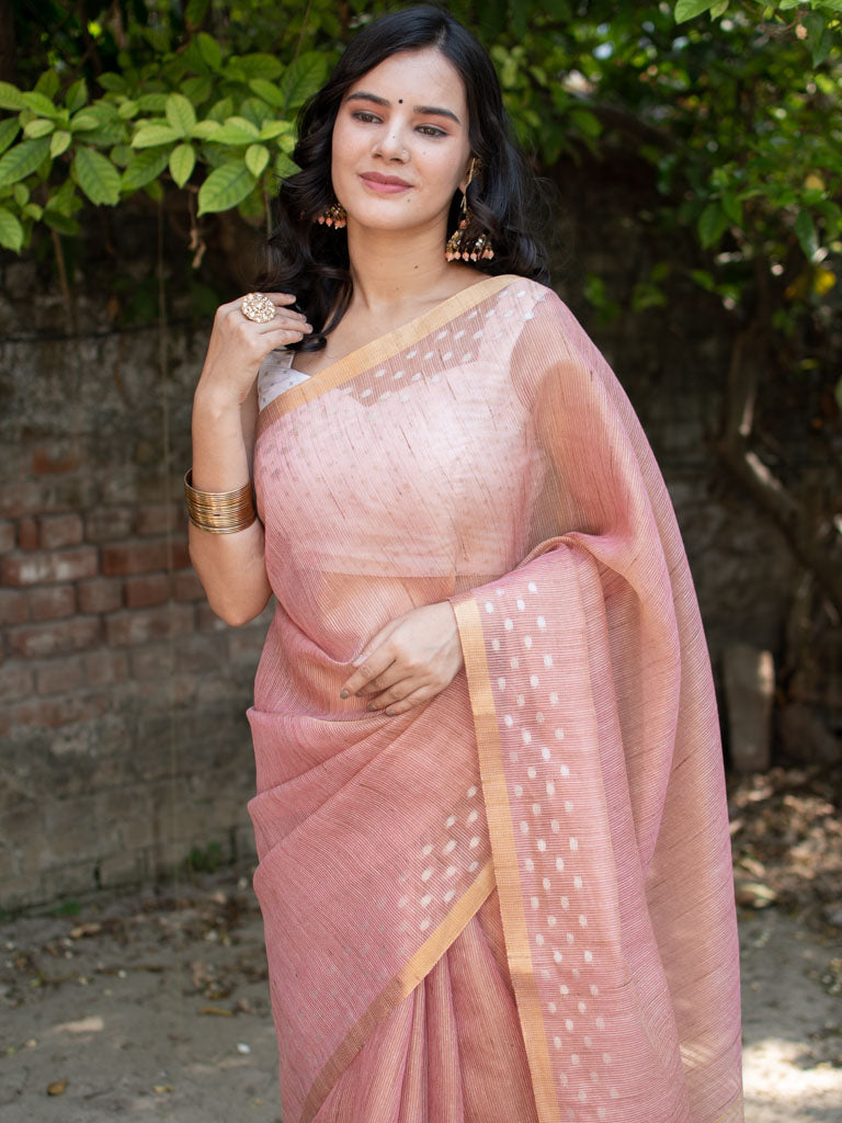 Banarasi Cotton Linen Saree With Resham Weaving & Zari Border-Peach