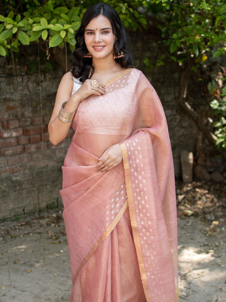Banarasi Cotton Linen Saree With Resham Weaving & Zari Border-Peach