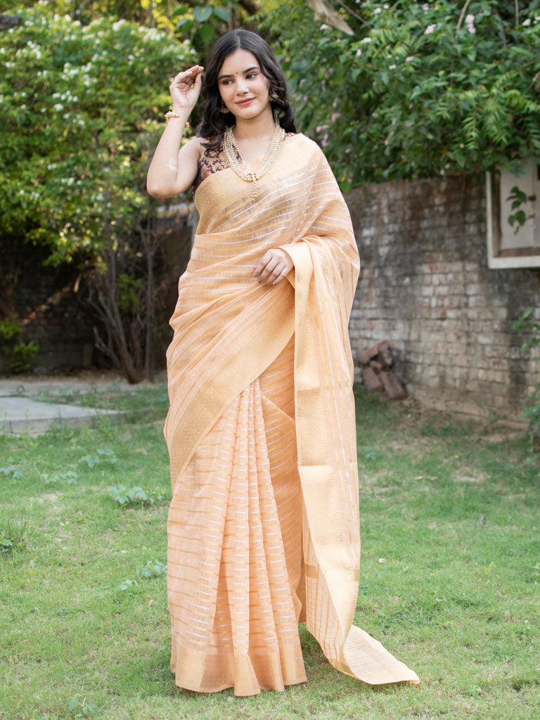 Banarasi Soft Cotton Saree With Zari Weaving-Peach
