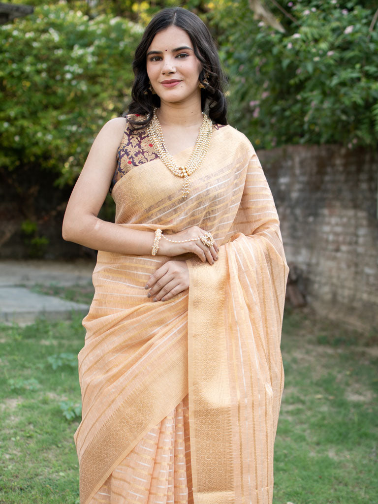 Banarasi Soft Cotton Saree With Zari Weaving-Peach