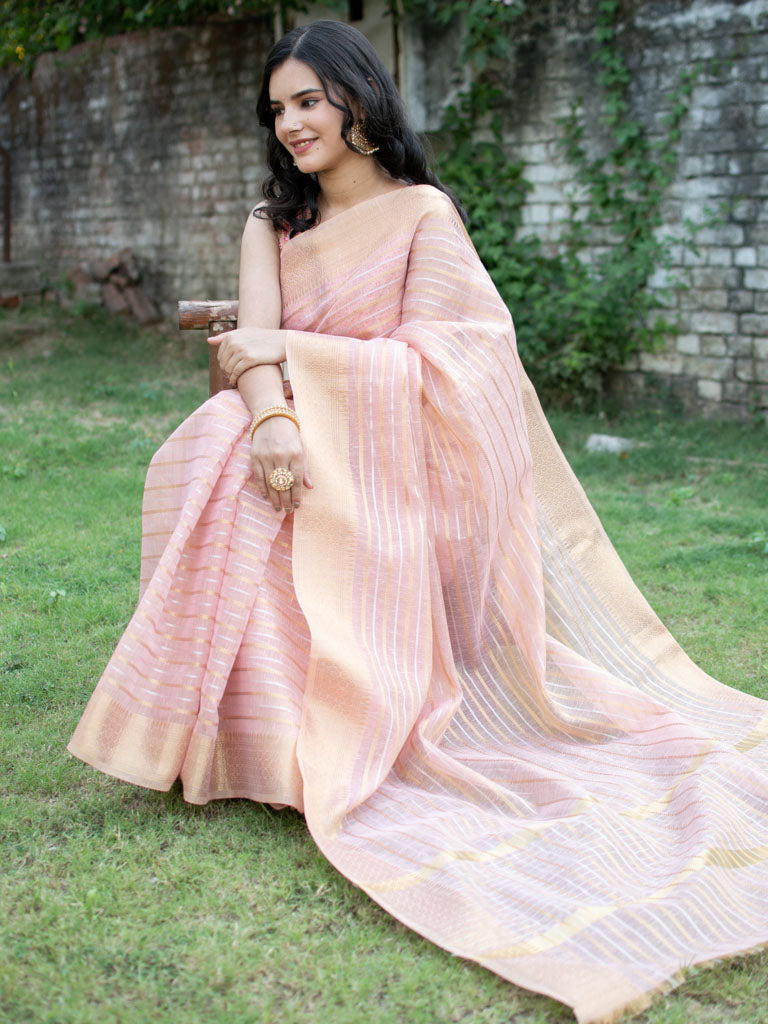 Banarasi Soft Cotton Saree With Zari Weaving-Pink