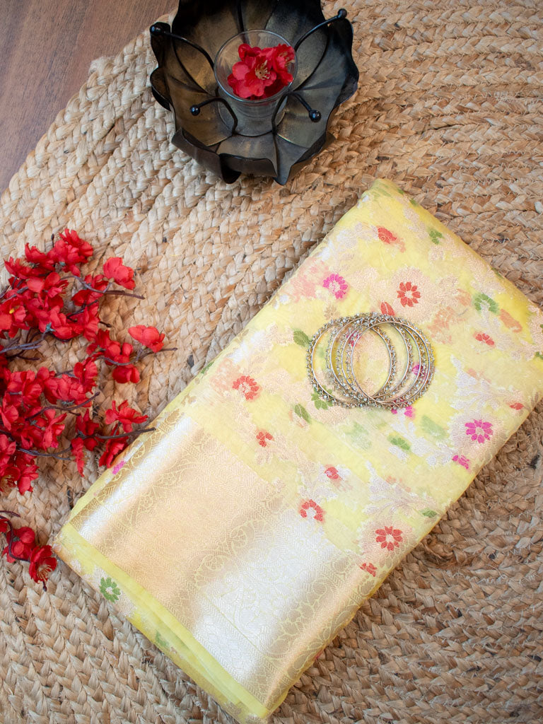 Banarasi Semi Silk Saree With Jaal Zari & Meena Weaving-Yellow