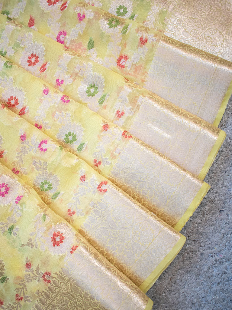 Banarasi Semi Silk Saree With Jaal Zari & Meena Weaving-Yellow