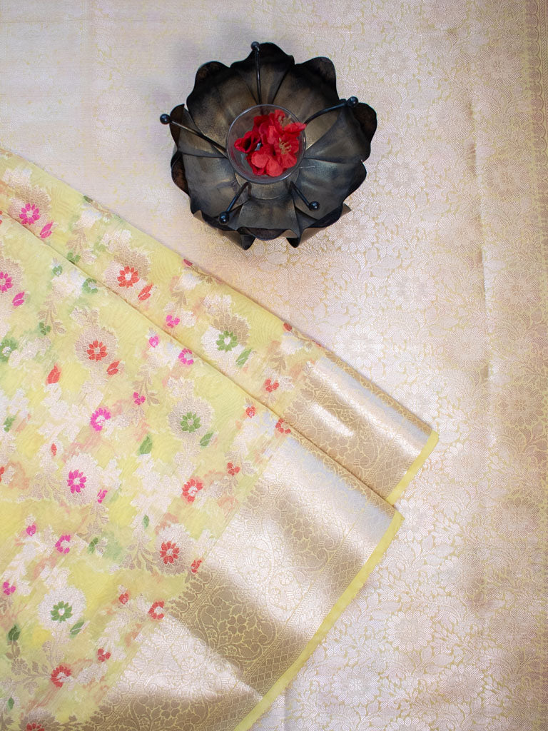 Banarasi Semi Silk Saree With Jaal Zari & Meena Weaving-Yellow