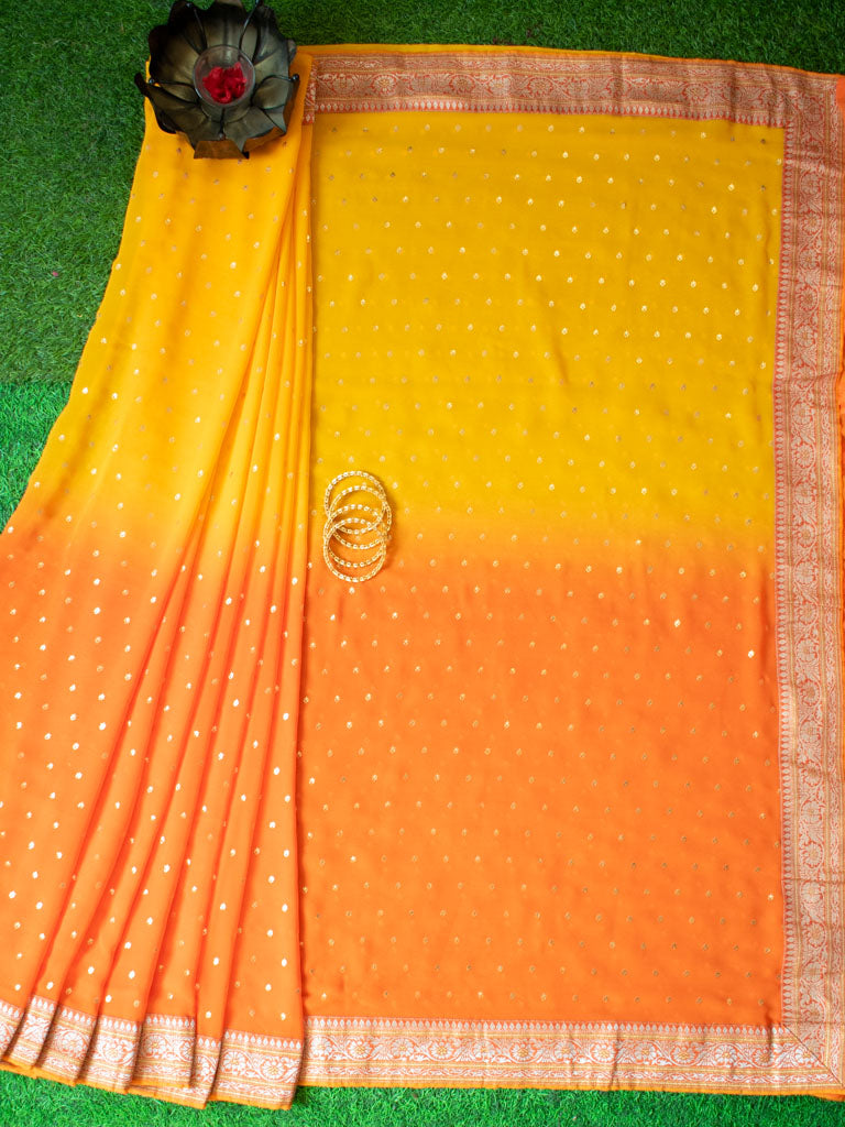 Dual Shade Semi Chiffon Gold Printed Saree With Zari Border-Orange