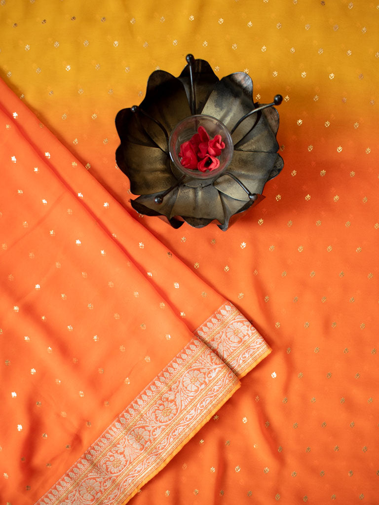 Dual Shade Semi Chiffon Gold Printed Saree With Zari Border-Orange