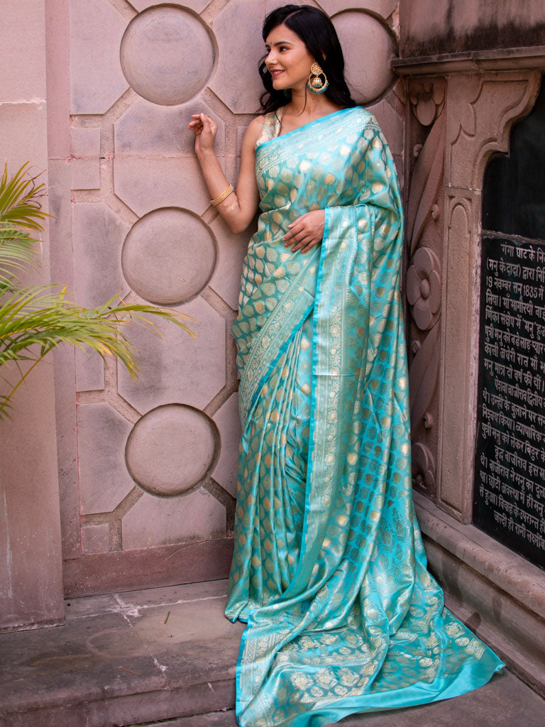 Banarasi Soft Satin Silk Saree With Silver Zari Weaving-Blue