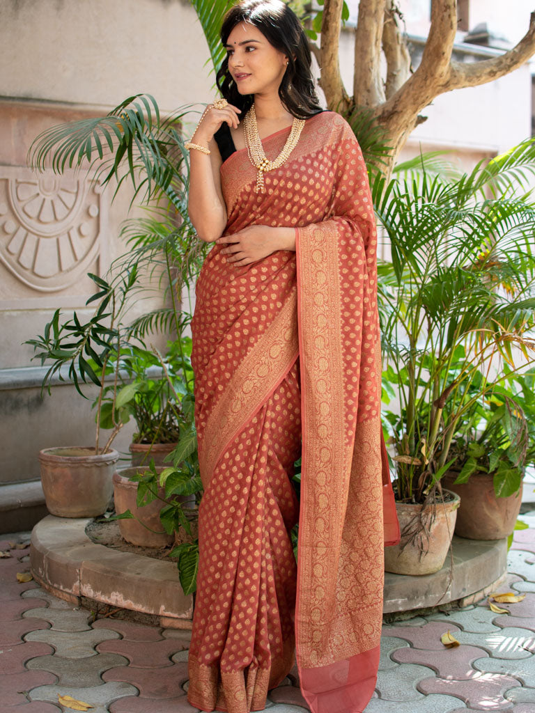 Banarasi Pure Khaddi Georgette Saree With Antique Zari Buti Weaving-Pastel Pink
