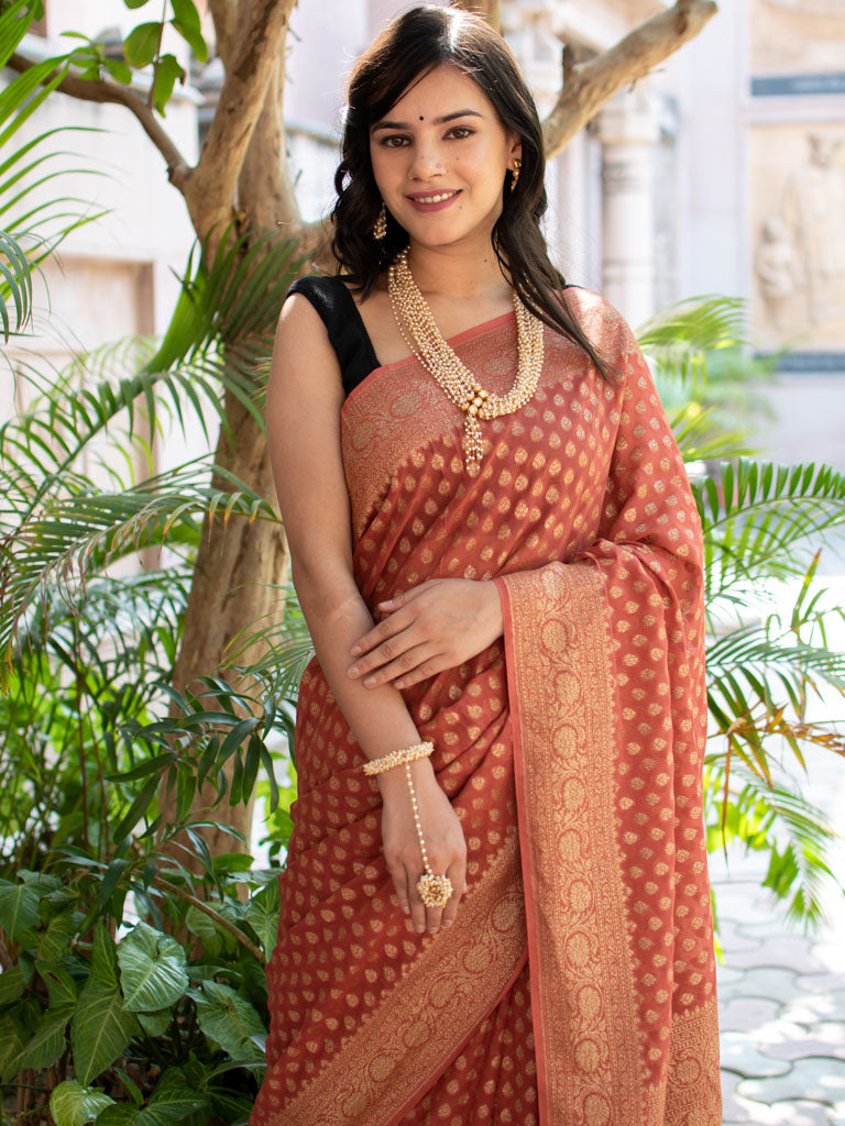 Banarasi Pure Khaddi Georgette Saree With Antique Zari Buti Weaving-Pastel Pink