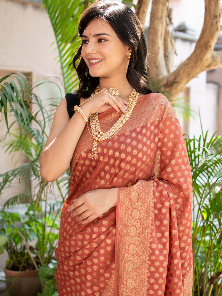 Banarasi Pure Khaddi Georgette Saree With Antique Zari Buti Weaving-Pastel Pink