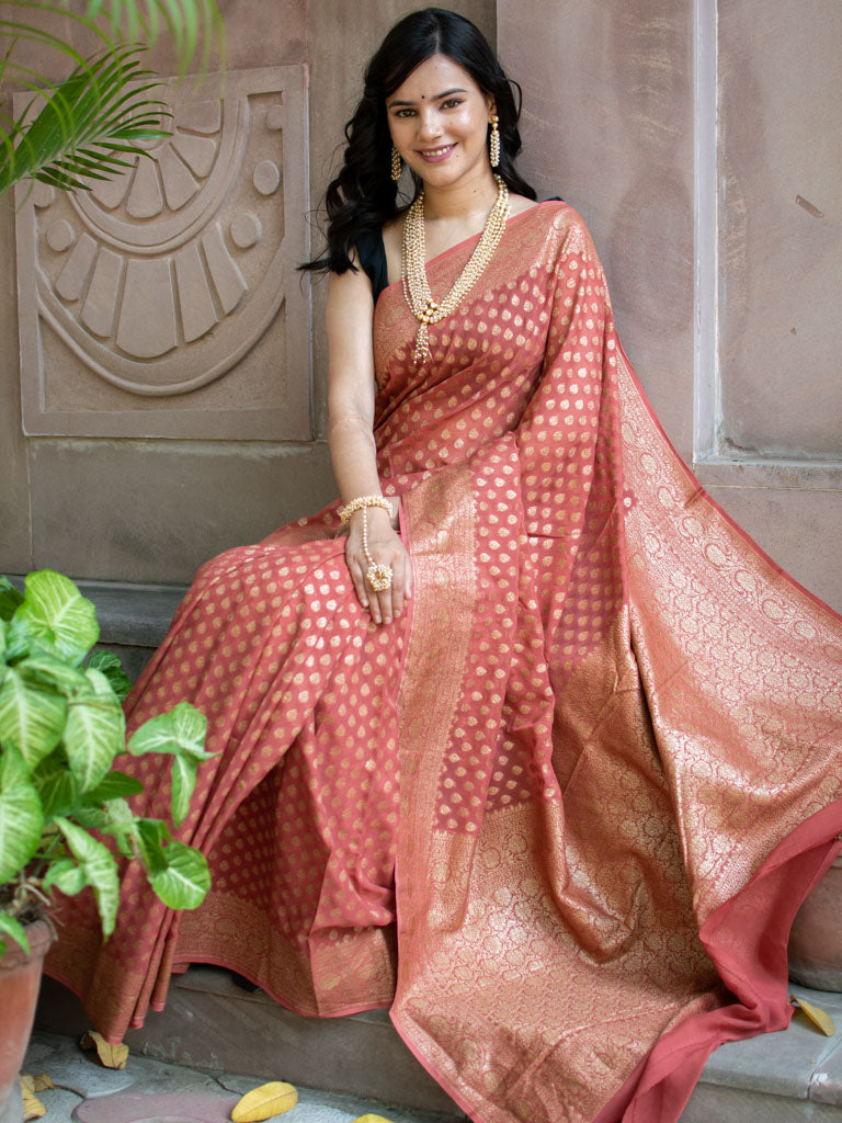Banarasi Pure Khaddi Georgette Saree With Antique Zari Buti Weaving-Pastel Pink