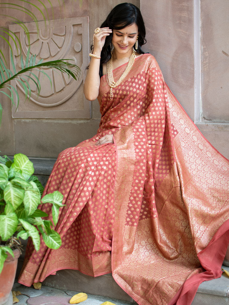 Banarasi Pure Khaddi Georgette Saree With Antique Zari Buti Weaving-Pastel Pink