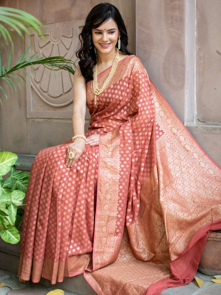 Banarasi Pure Khaddi Georgette Saree With Antique Zari Buti Weaving-Pastel Pink