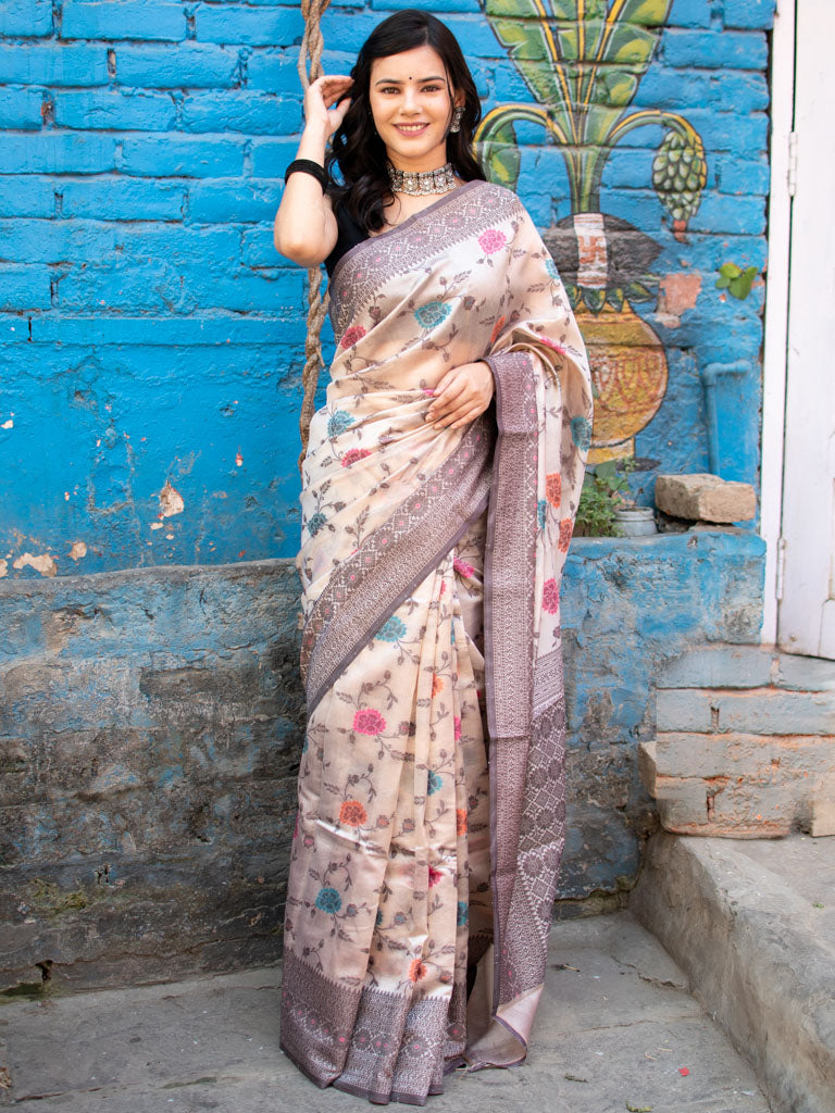 Banarasi Handwoven Pure Mulberry Silk Saree With Meenakari Jaal-Cream