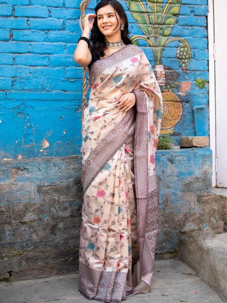 Banarasi Handwoven Pure Mulberry Silk Saree With Meenakari Jaal-Cream