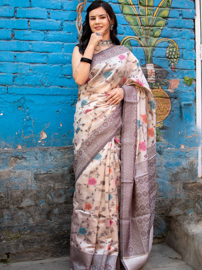 Banarasi Handwoven Pure Mulberry Silk Saree With Meenakari Jaal-Cream