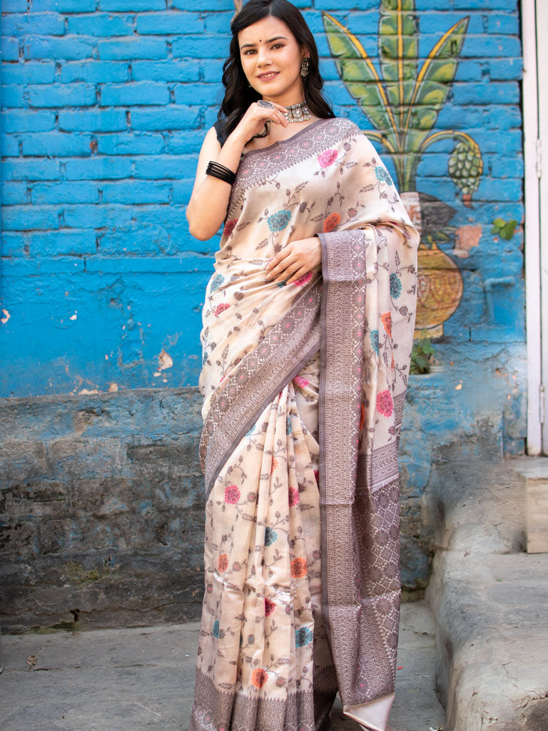 Banarasi Handwoven Pure Mulberry Silk Saree With Meenakari Jaal-Cream