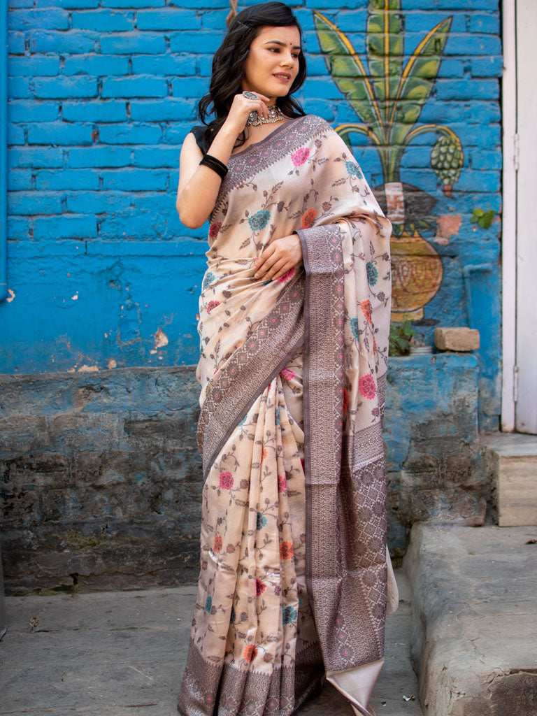 Banarasi Handwoven Pure Mulberry Silk Saree With Meenakari Jaal-Cream