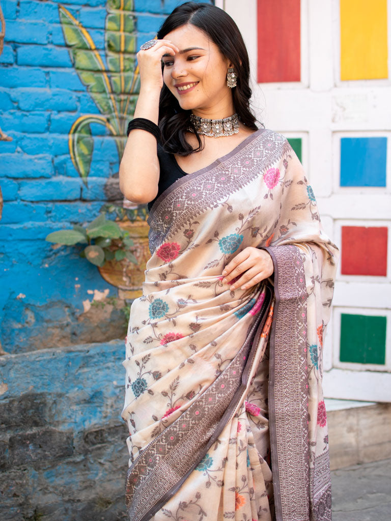 Banarasi Handwoven Pure Mulberry Silk Saree With Meenakari Jaal-Cream