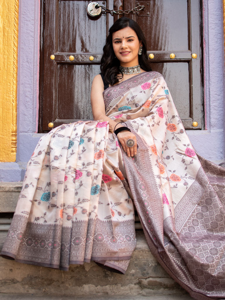 Banarasi Handwoven Pure Mulberry Silk Saree With Meenakari Jaal-Cream