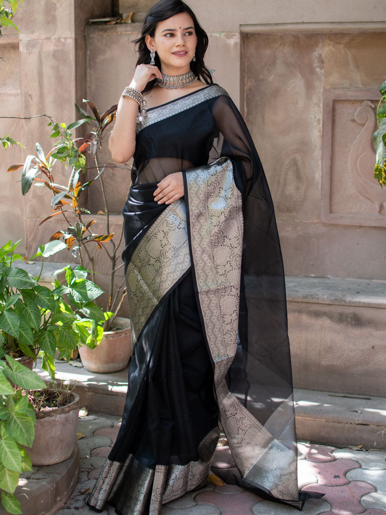 Banarasi Plain Organza Saree With Antique Zari Weaving-Black