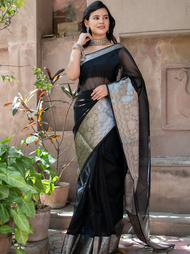 Banarasi Plain Organza Saree With Antique Zari Weaving-Black