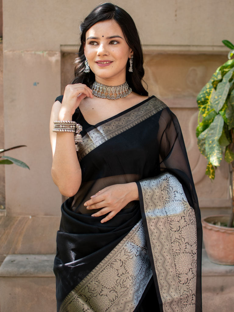 Banarasi Plain Organza Saree With Antique Zari Weaving-Black