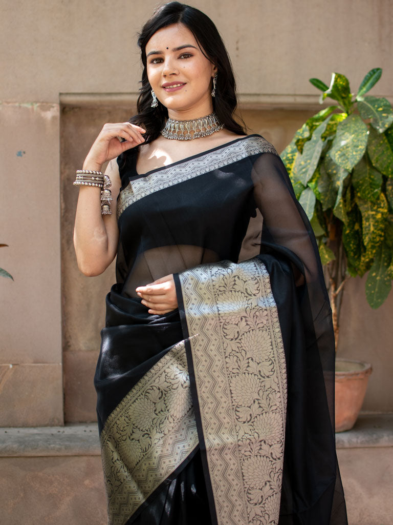 Banarasi Plain Organza Saree With Antique Zari Weaving-Black
