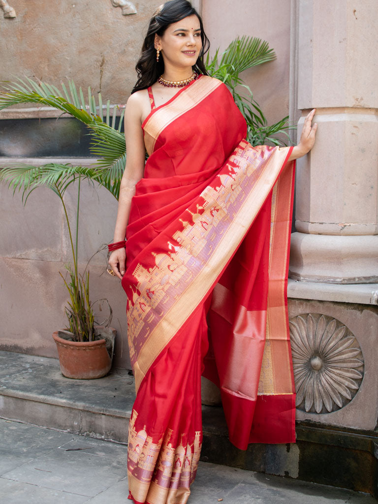 Banarasi Plain Semi Silk Saree With Ganga Ghat Weaving-Red
