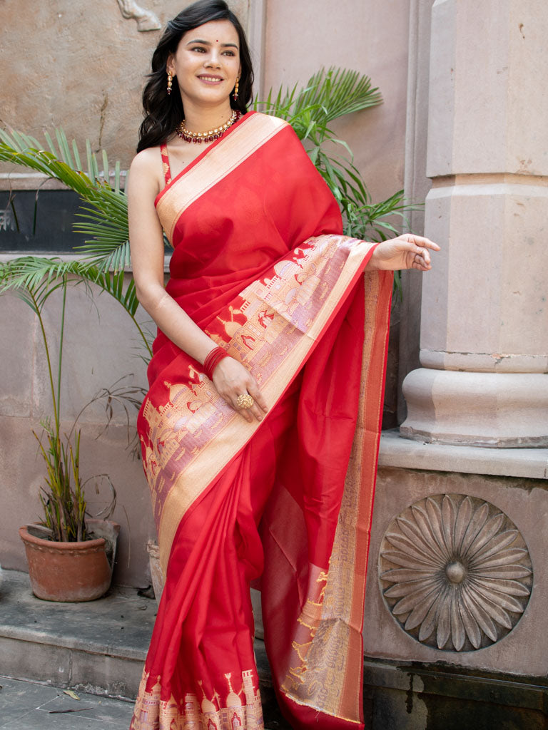 Banarasi Plain Semi Silk Saree With Ganga Ghat Weaving-Red