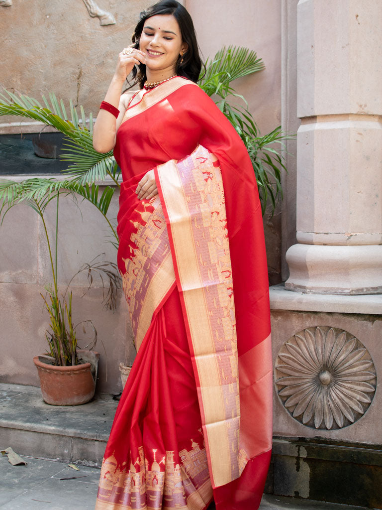 Banarasi Plain Semi Silk Saree With Ganga Ghat Weaving-Red