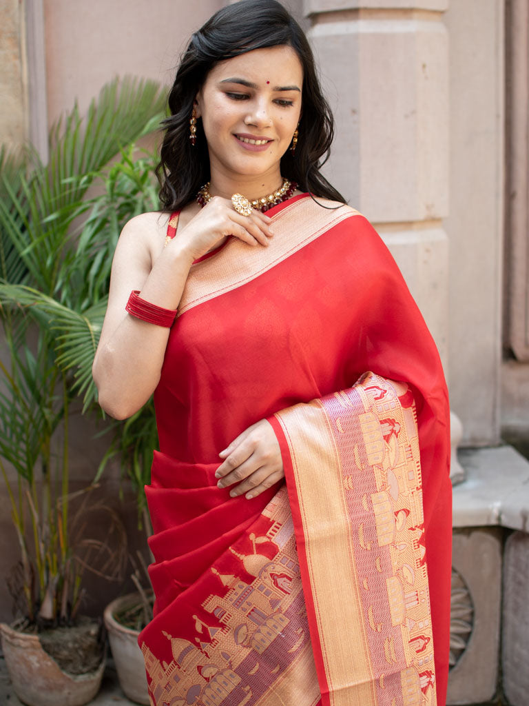 Banarasi Plain Semi Silk Saree With Ganga Ghat Weaving-Red