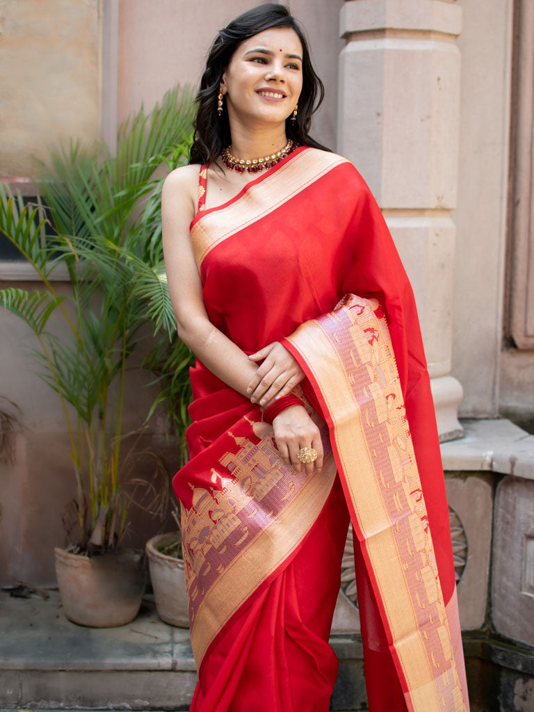 Banarasi Plain Semi Silk Saree With Ganga Ghat Weaving-Red