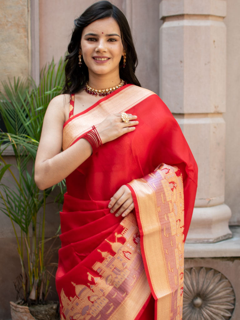 Banarasi Plain Semi Silk Saree With Ganga Ghat Weaving-Red