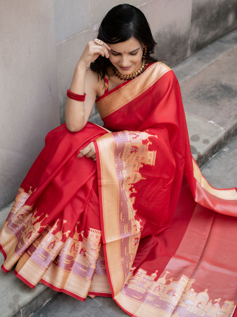 Banarasi Plain Semi Silk Saree With Ganga Ghat Weaving-Red