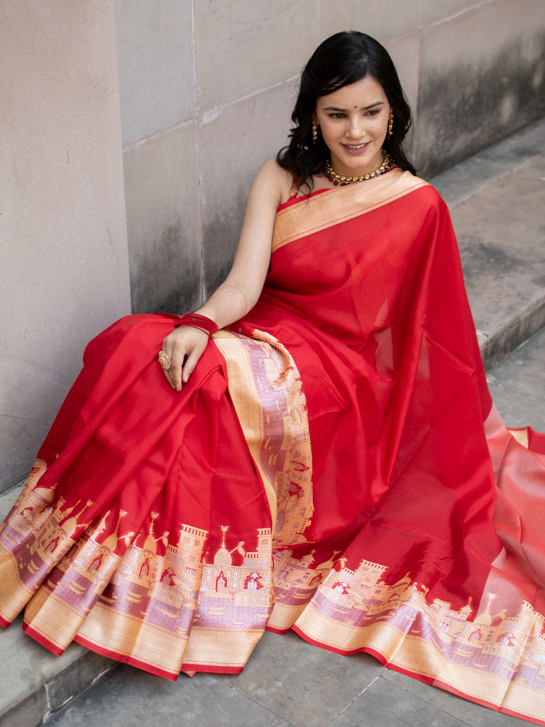 Banarasi Plain Semi Silk Saree With Ganga Ghat Weaving-Red