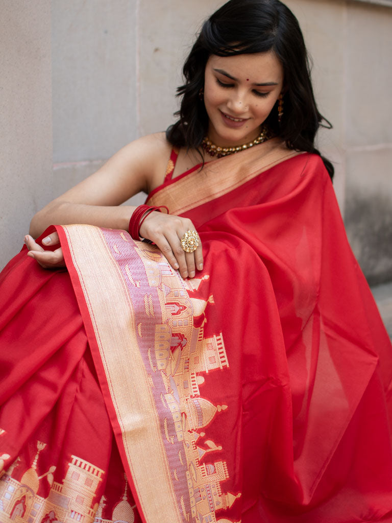 Banarasi Plain Semi Silk Saree With Ganga Ghat Weaving-Red