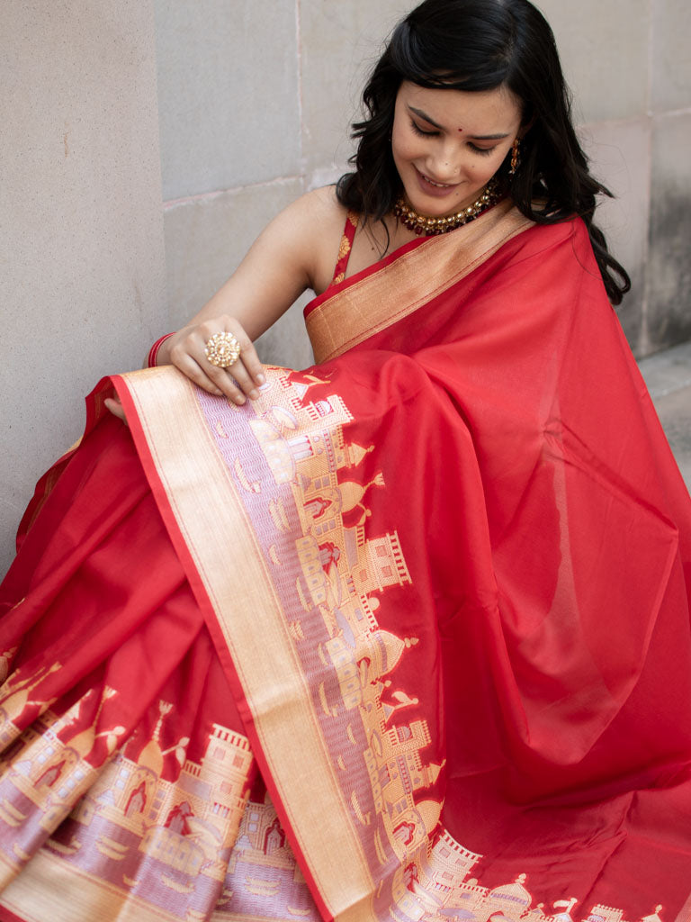 Banarasi Plain Semi Silk Saree With Ganga Ghat Weaving-Red