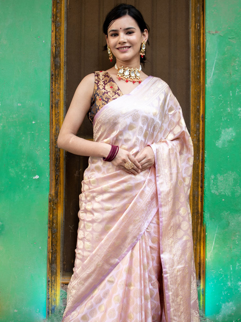 Banarasi Soft Satin Silk Saree With Silver Zari Weaving-Lavender