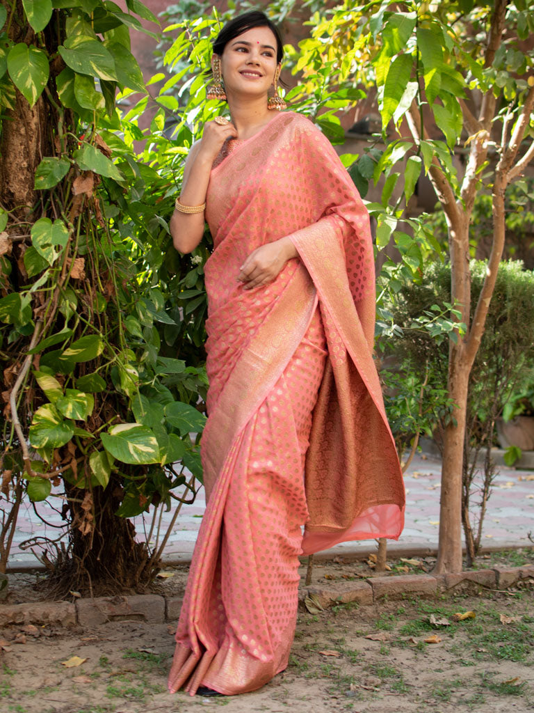 Banarasi Pure Khaddi Georgette Saree With Antique Zari Buti Weaving-Peach