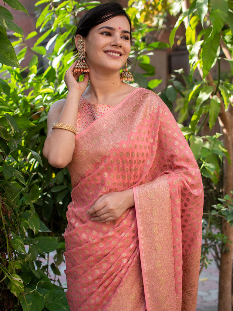 Banarasi Pure Khaddi Georgette Saree With Antique Zari Buti Weaving-Peach