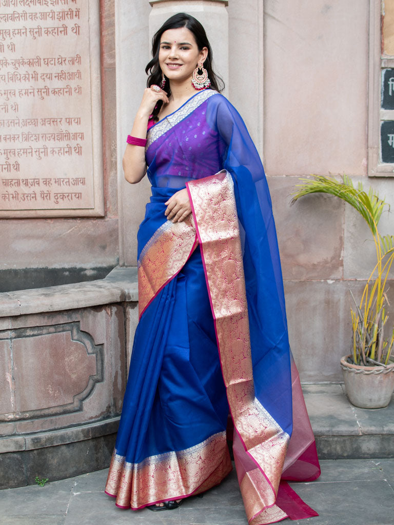 Banarasi Plain Organza Saree With Contrast Border-Blue