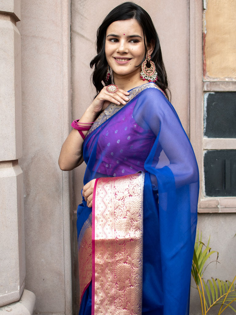 Banarasi Plain Organza Saree With Contrast Border-Blue