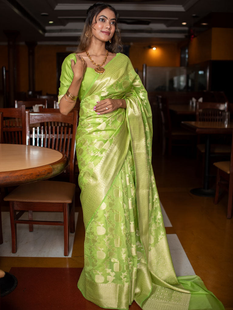 Banarasi Cotton Silk Saree with Jaal Zari Weaving-Green