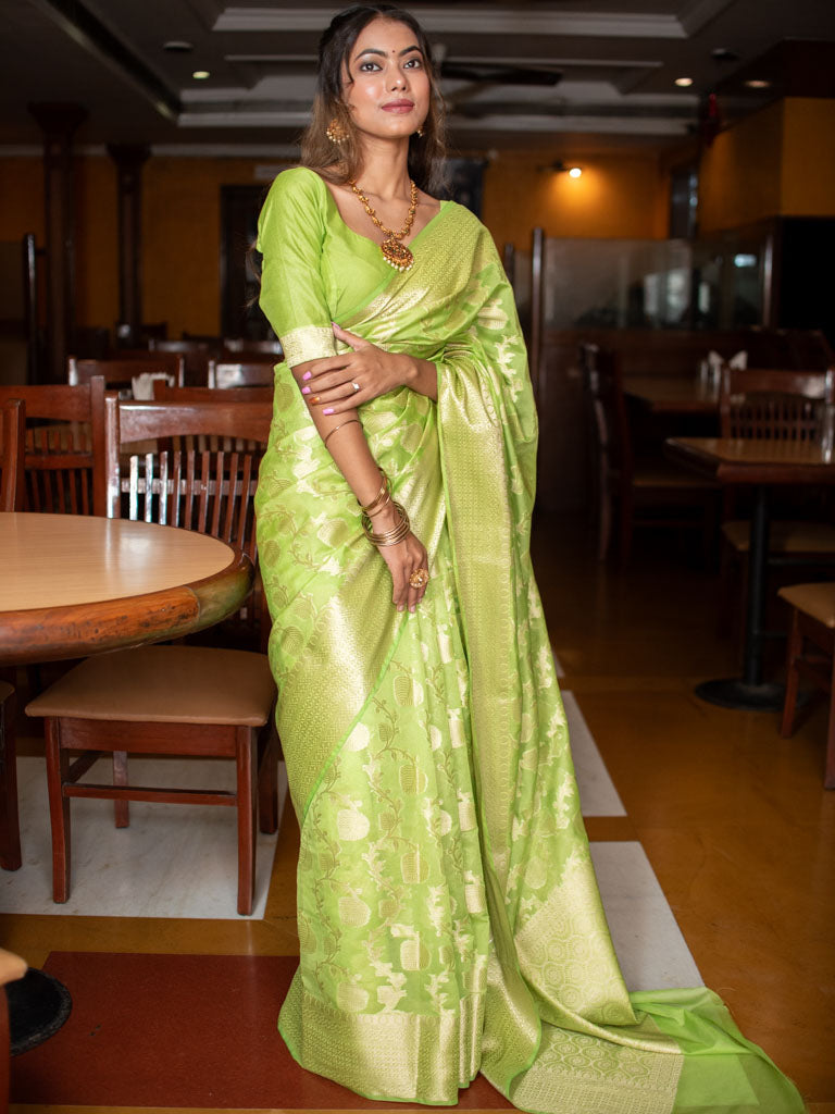 Banarasi Cotton Silk Saree with Jaal Zari Weaving-Green
