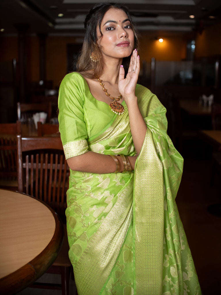 Banarasi Cotton Silk Saree with Jaal Zari Weaving-Green