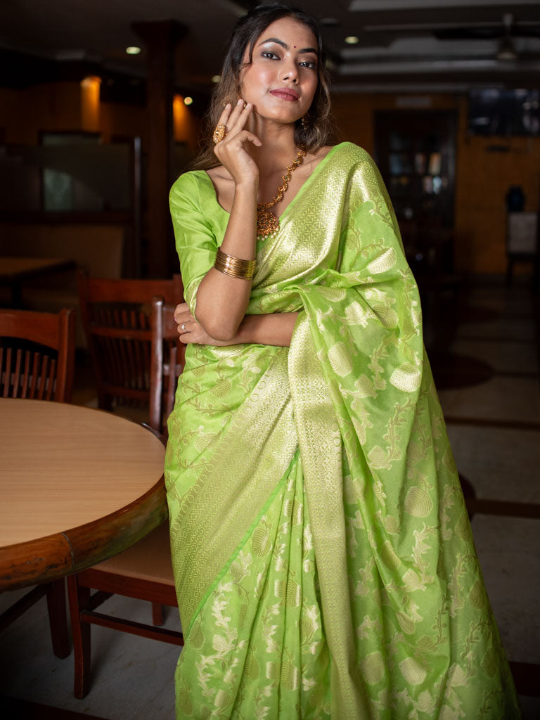 Banarasi Cotton Silk Saree with Jaal Zari Weaving-Green