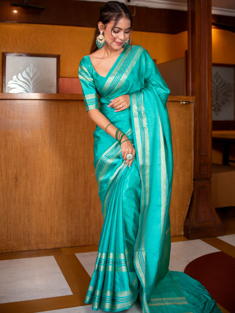 Banarasi Semi Silk Saree With Plain Zari Weaving-Green